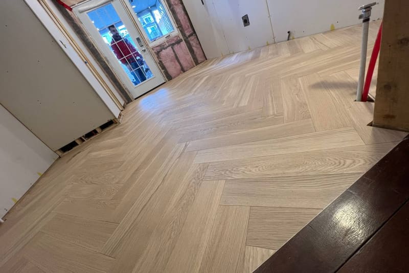 Herringbone 5×25", Linen Oak, Toronto hardwood flooring project by Floors Toronto