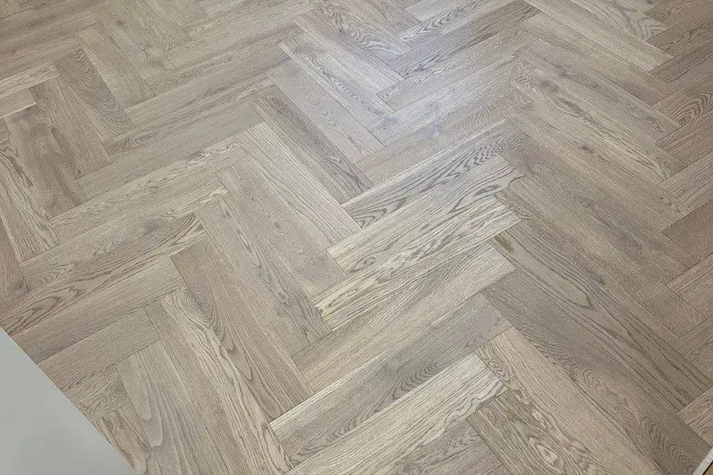 Herringbone 5×25", Mist Oak, Brampton hardwood flooring project by Floors Toronto