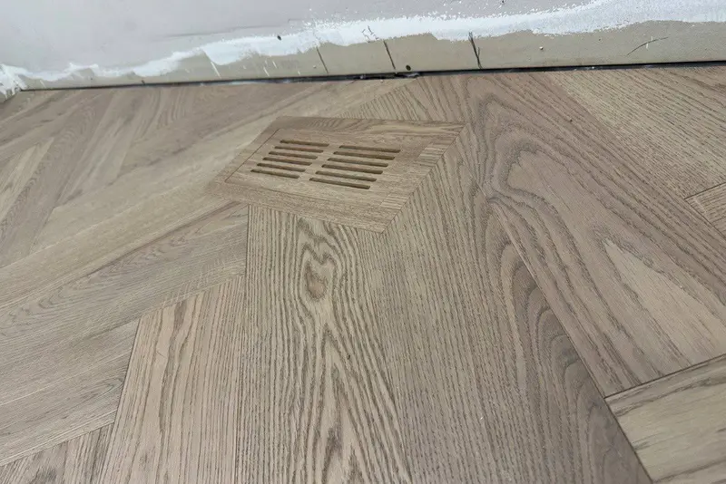 Herringbone 5×25", Mist Oak, Brampton hardwood flooring project by Floors Toronto